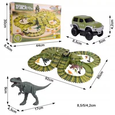 Tor samochodowy Dino Park dla dzieci 230 el – ruchomy tor z dinozaurami, tunele, auto terenowe