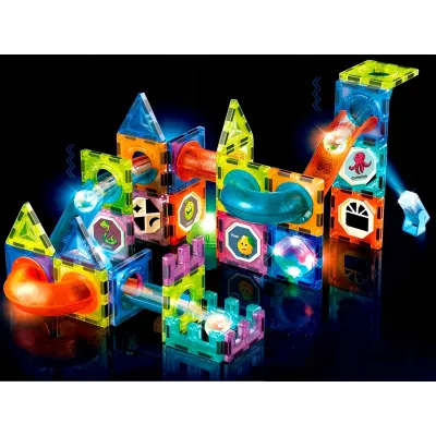 Klocki magnetyczne świecące tor kulkowy 75 elementów – edukacyjny zestaw z LED, kulkami i efektami świetlnymi dla dzieci