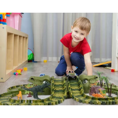 Tor samochodowy Dino Park dla dzieci 230 el – ruchomy tor z dinozaurami, tunele, auto terenowe