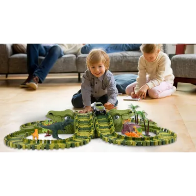 Tor samochodowy Dino Park dla dzieci 230 el – ruchomy tor z dinozaurami, tunele, auto terenowe