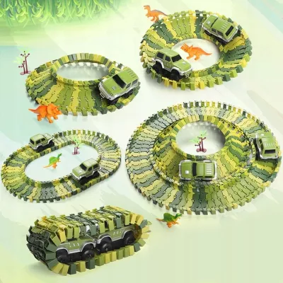 Tor samochodowy Dino Park dla dzieci 230 el – ruchomy tor z dinozaurami, tunele, auto terenowe