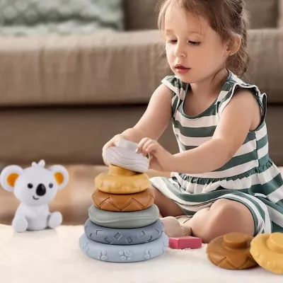 Klocki sensoryczne gumowe Montessori 13 el. – miękka wieża i piramida 3w1 | Gryzaki, nauka kolorów i rozwój zmysłów dla niemowlą