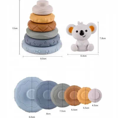 Klocki sensoryczne gumowe Montessori 13 el. – miękka wieża i piramida 3w1 | Gryzaki, nauka kolorów i rozwój zmysłów dla niemowlą