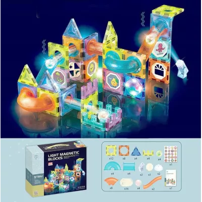 Klocki magnetyczne świecące tor kulkowy 75 elementów – edukacyjny zestaw z LED, kulkami i efektami świetlnymi dla dzieci