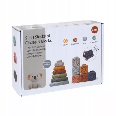 Klocki sensoryczne gumowe Montessori 13 el. – miękka wieża i piramida 3w1 | Gryzaki, nauka kolorów i rozwój zmysłów dla niemowlą