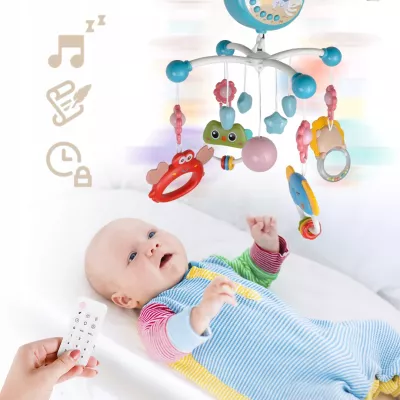 Karuzelka do łóżeczka z projektorem, pozytywką i pilotem – obrotowa 360°, muzyka i światło dla spokojnego snu dziecka