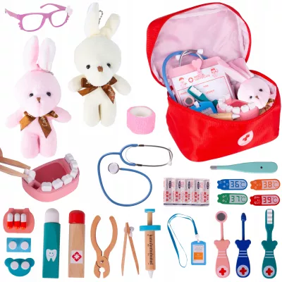 Drewniany zestaw lekarza i dentysty 2w1 dla dzieci z króliczkiem – zabawka edukacyjna w walizce, która uczy empatii