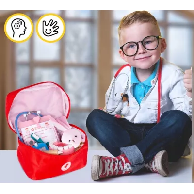 Drewniany zestaw lekarza i dentysty 2w1 dla dzieci z króliczkiem – zabawka edukacyjna w walizce, która uczy empatii