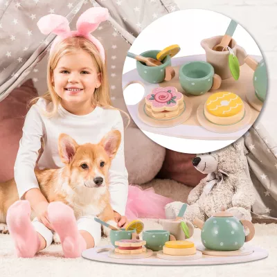 Drewniany zestaw do herbatki dla dzieci  Serwis do zabawy z filiżankami – edukacyjna zabawka