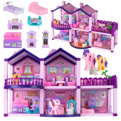 Duży różowy domek dla lalek i kucyków z mebelkami i figurkami  Dwupoziomowa willa z tarasem – kreatywna zabawka dla dziewczynkek