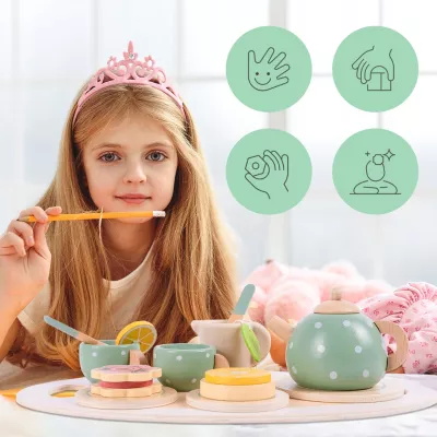 Drewniany zestaw do herbatki dla dzieci  Serwis do zabawy z filiżankami – edukacyjna zabawka