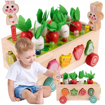 Układanka Montessori Wózek Małego Ogrodnika – 5w1 kreatywna zabawka edukacyjna z klockami, robaczkami i marchewkami dla dzieci