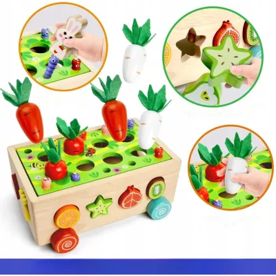 Układanka Montessori Wózek Małego Ogrodnika – 5w1 kreatywna zabawka edukacyjna z klockami, robaczkami i marchewkami dla dzieci