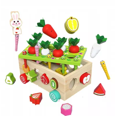 Układanka Montessori Wózek Małego Ogrodnika – 5w1 kreatywna zabawka edukacyjna z klockami, robaczkami i marchewkami dla dzieci