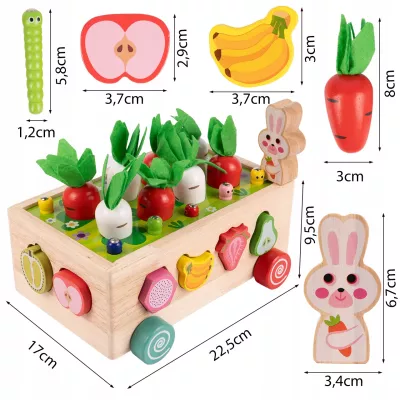 Układanka Montessori Wózek Małego Ogrodnika – 5w1 kreatywna zabawka edukacyjna z klockami, robaczkami i marchewkami dla dzieci