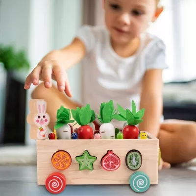 Układanka Montessori Wózek Małego Ogrodnika – 5w1 kreatywna zabawka edukacyjna z klockami, robaczkami i marchewkami dla dzieci