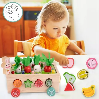 Układanka Montessori Wózek Małego Ogrodnika – 5w1 kreatywna zabawka edukacyjna z klockami, robaczkami i marchewkami dla dzieci