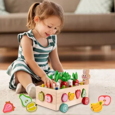 Układanka Montessori Wózek Małego Ogrodnika – 5w1 kreatywna zabawka edukacyjna z klockami, robaczkami i marchewkami dla dzieci