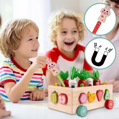 Układanka Montessori Wózek Małego Ogrodnika – 5w1 kreatywna zabawka edukacyjna z klockami, robaczkami i marchewkami dla dzieci