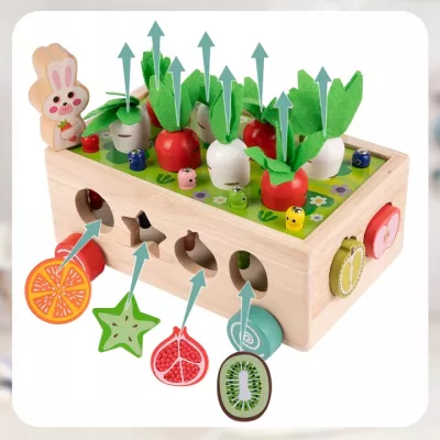 Układanka Montessori Wózek Małego Ogrodnika – 5w1 kreatywna zabawka edukacyjna z klockami, robaczkami i marchewkami dla dzieci