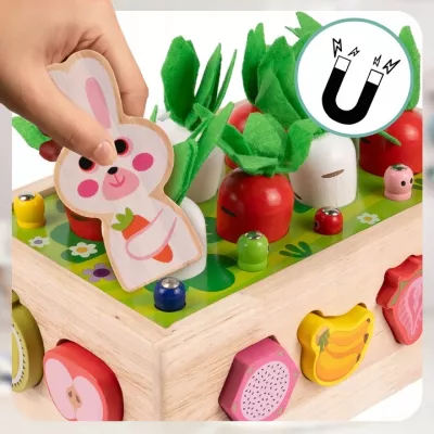 Układanka Montessori Wózek Małego Ogrodnika – 5w1 kreatywna zabawka edukacyjna z klockami, robaczkami i marchewkami dla dzieci