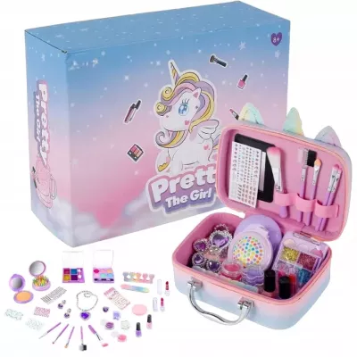 Zestaw do makijażu dla dzieci – kuferek jednorożec z kosmetykami i biżuterią  bezpieczny make up i zabawa w wizaż