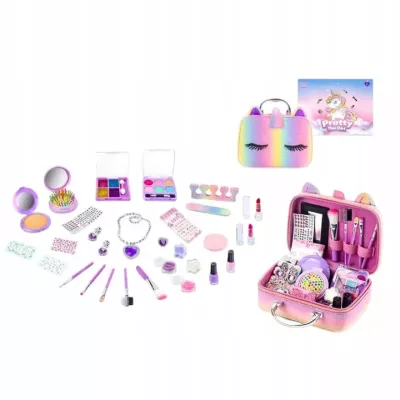Zestaw do makijażu dla dzieci – kuferek jednorożec z kosmetykami i biżuterią  bezpieczny make up i zabawa w wizaż