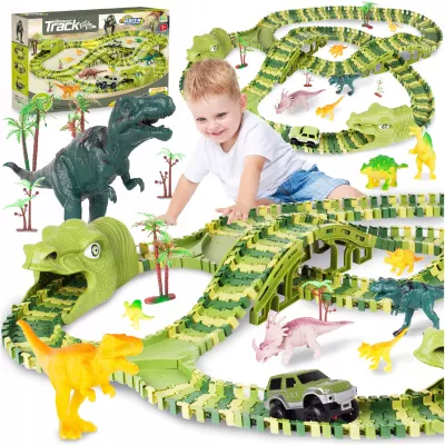 Tor Samochodowy Dino Park 240 Elementów – Elastyczny Tor 360 cm z Dinozaurami, Tunelami i Autkiem