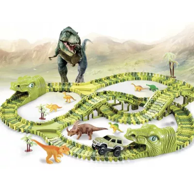 Tor Samochodowy Dino Park 240 Elementów – Elastyczny Tor 360 cm z Dinozaurami, Tunelami i Autkiem