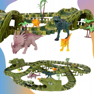 Tor Samochodowy Dino Park 240 Elementów – Elastyczny Tor 360 cm z Dinozaurami, Tunelami i Autkiem