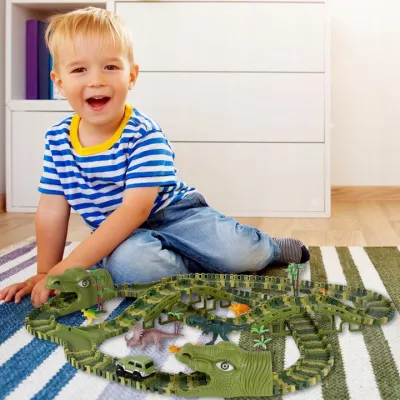 Tor Samochodowy Dino Park 240 Elementów – Elastyczny Tor 360 cm z Dinozaurami, Tunelami i Autkiem