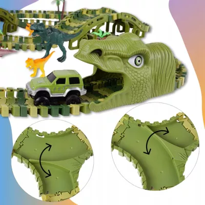 Tor Samochodowy Dino Park 240 Elementów – Elastyczny Tor 360 cm z Dinozaurami, Tunelami i Autkiem
