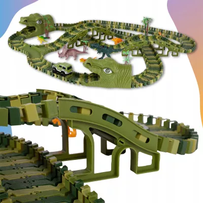 Tor Samochodowy Dino Park 240 Elementów – Elastyczny Tor 360 cm z Dinozaurami, Tunelami i Autkiem