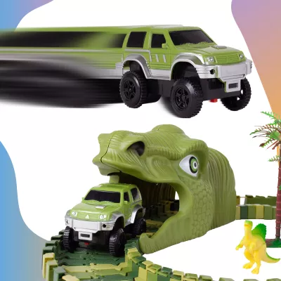 Tor Samochodowy Dino Park 240 Elementów – Elastyczny Tor 360 cm z Dinozaurami, Tunelami i Autkiem