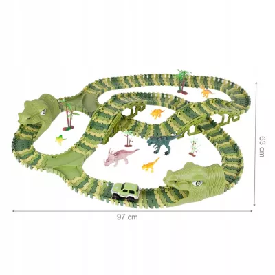 Tor Samochodowy Dino Park 240 Elementów – Elastyczny Tor 360 cm z Dinozaurami, Tunelami i Autkiem