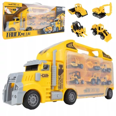 Ciężarówka Walizka z 6 Autkami Budowlanymi – Metalowe Pojazdy, Efekty LED i Dźwięki | Zabawka Edukacyjna dla Dzieci 3+