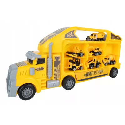 Ciężarówka Walizka z 6 Autkami Budowlanymi – Metalowe Pojazdy, Efekty LED i Dźwięki | Zabawka Edukacyjna dla Dzieci 3+