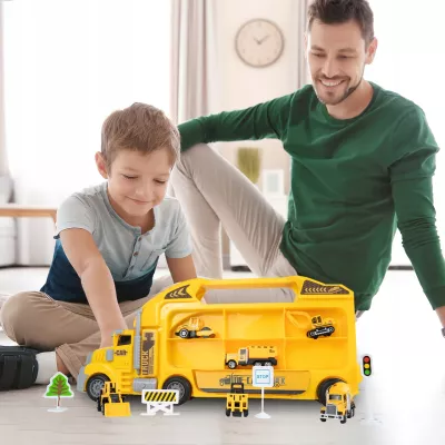 Ciężarówka Walizka z 6 Autkami Budowlanymi – Metalowe Pojazdy, Efekty LED i Dźwięki | Zabawka Edukacyjna dla Dzieci 3+