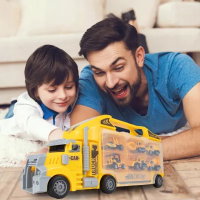 Ciężarówka Walizka z 6 Autkami Budowlanymi – Metalowe Pojazdy, Efekty LED i Dźwięki | Zabawka Edukacyjna dla Dzieci 3+