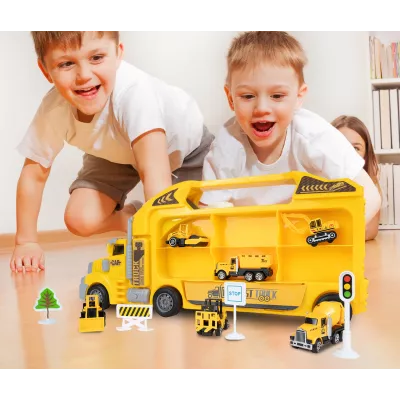 Ciężarówka Walizka z 6 Autkami Budowlanymi – Metalowe Pojazdy, Efekty LED i Dźwięki | Zabawka Edukacyjna dla Dzieci 3+
