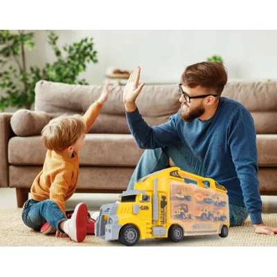 Ciężarówka Walizka z 6 Autkami Budowlanymi – Metalowe Pojazdy, Efekty LED i Dźwięki | Zabawka Edukacyjna dla Dzieci 3+
