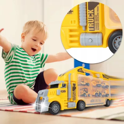 Ciężarówka Walizka z 6 Autkami Budowlanymi – Metalowe Pojazdy, Efekty LED i Dźwięki | Zabawka Edukacyjna dla Dzieci 3+