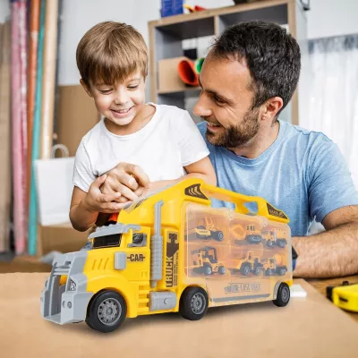 Ciężarówka Walizka z 6 Autkami Budowlanymi – Metalowe Pojazdy, Efekty LED i Dźwięki | Zabawka Edukacyjna dla Dzieci 3+