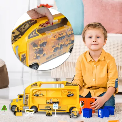 Ciężarówka Walizka z 6 Autkami Budowlanymi – Metalowe Pojazdy, Efekty LED i Dźwięki | Zabawka Edukacyjna dla Dzieci 3+