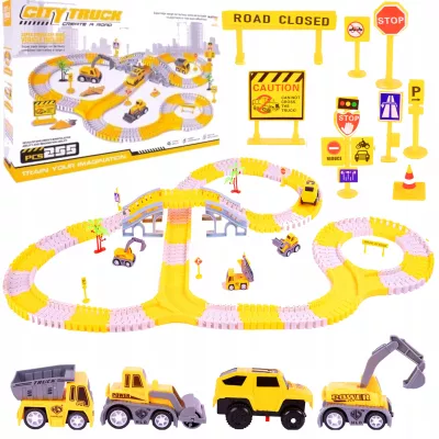 Duży Tor Samochodowy Budowlany 255 el. – Kreatywny Zestaw z Autkami, Zwrotnicami i Mostami