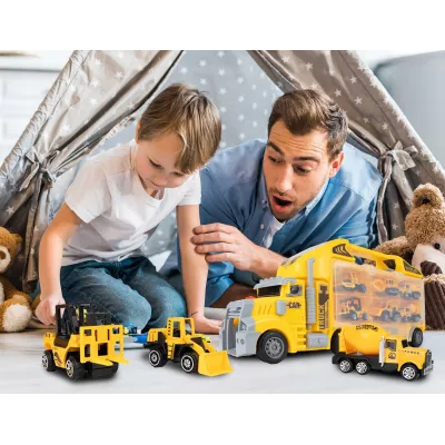 Ciężarówka Walizka z 6 Autkami Budowlanymi – Metalowe Pojazdy, Efekty LED i Dźwięki | Zabawka Edukacyjna dla Dzieci 3+