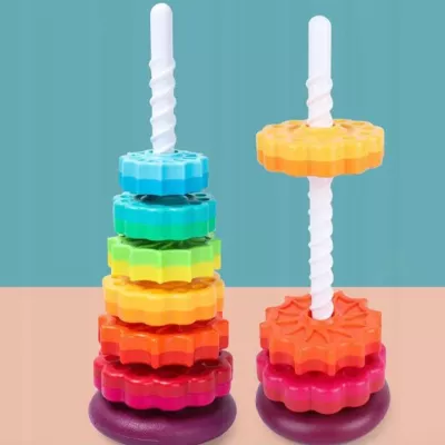 Zakręcona Piramidka Sensoryczna – Tęczowa Wieża 6 Krążków | Układanka Montessori 1+