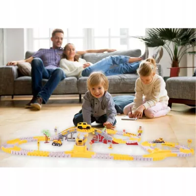 Duży Tor Samochodowy Budowlany 255 el. – Zestaw Konstrukcyjny z Autkami, Zwrotnicami i Mostami | Kreatywna Zabawa 3+
