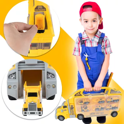 Ciężarówka Walizka z 6 Autkami Budowlanymi – Metalowe Pojazdy, Efekty LED i Dźwięki | Zabawka Edukacyjna dla Dzieci 3+