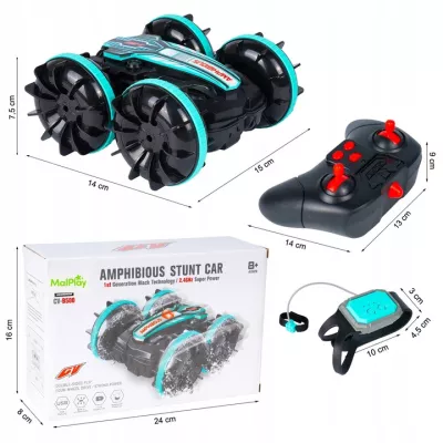 Terenowy Samochód RC Amfibia z Gestami, LED i Saltami 360° – Amfibijny Stunt Car do Jazdy w Wodzie, Śniegu i na Trawie